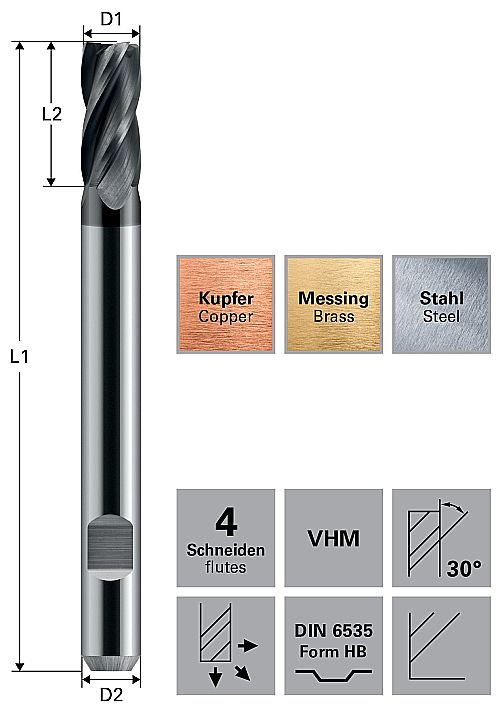 4-skärig fräs, kort skärlängd